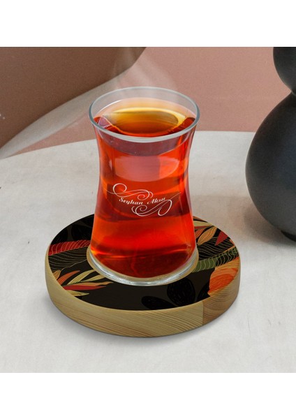 Kişiye Özel Yapraklar Tasarımlı Doğal Ahşap Tabaklı Heybeli Çay Bardağı Model 11