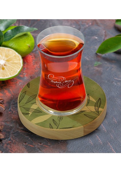 Kişiye Özel Yapraklar Tasarımlı Doğal Ahşap Tabaklı Heybeli Çay Bardağı Model 8