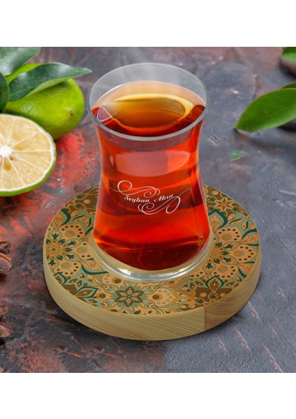 Kişiye Özel Retro Motif Tasarımlı Doğal Ahşap Tabaklı Heybeli Çay Bardağı Model 11