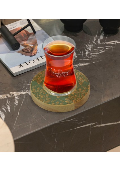 Kişiye Özel Retro Motif Tasarımlı Doğal Ahşap Tabaklı Heybeli Çay Bardağı Model 5