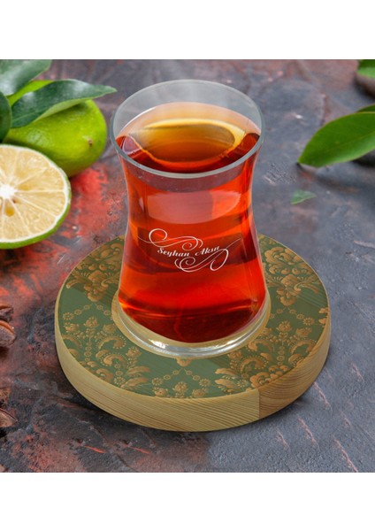 Kişiye Özel Retro Motif Tasarımlı Doğal Ahşap Tabaklı Heybeli Çay Bardağı Model 5