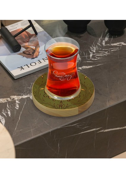 Kişiye Özel Retro Motif Tasarımlı Doğal Ahşap Tabaklı Heybeli Çay Bardağı Model 4