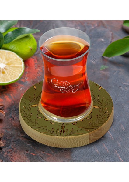 Kişiye Özel Retro Motif Tasarımlı Doğal Ahşap Tabaklı Heybeli Çay Bardağı Model 4