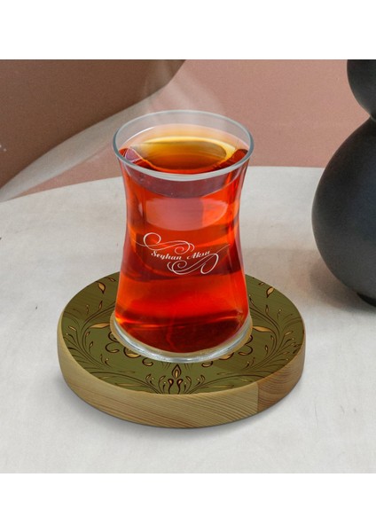 Kişiye Özel Retro Motif Tasarımlı Doğal Ahşap Tabaklı Heybeli Çay Bardağı Model 4