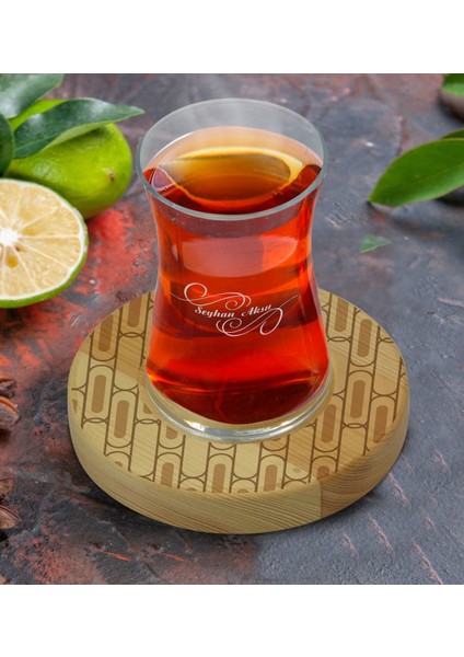 Kişiye Özel Modern Art Tasarımlı Doğal Ahşap Tabaklı Heybeli Çay Bardağı Model 19