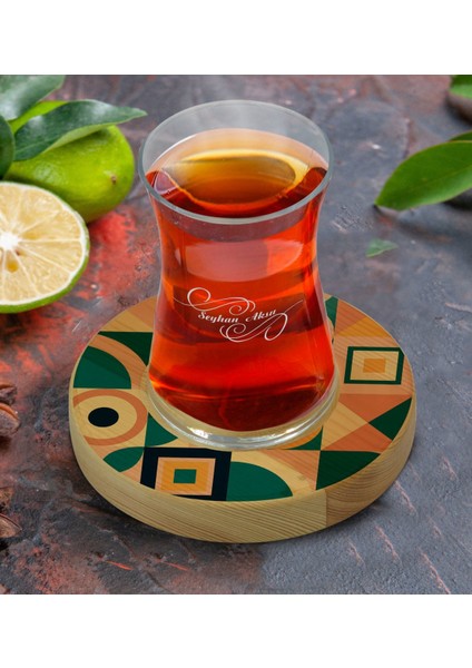 Kişiye Özel Modern Art Tasarımlı Doğal Ahşap Tabaklı Heybeli Çay Bardağı Model 14 fiyatları