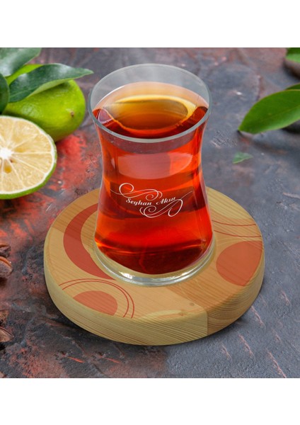 Kişiye Özel Modern Art Tasarımlı Doğal Ahşap Tabaklı Heybeli Çay Bardağı Model 13