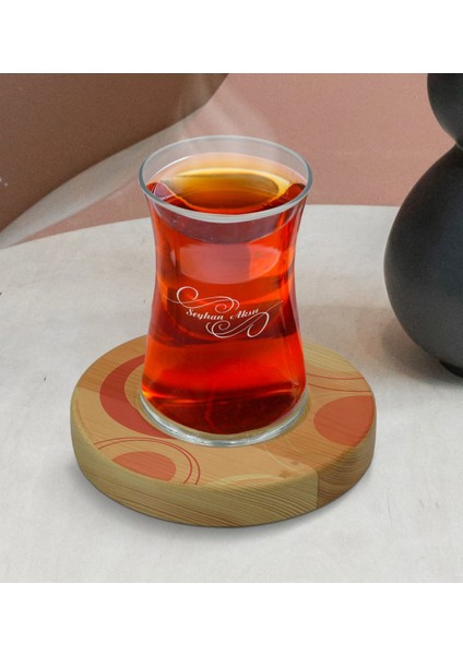 Kişiye Özel Modern Art Tasarımlı Doğal Ahşap Tabaklı Heybeli Çay Bardağı Model 13