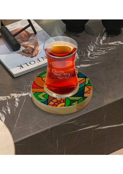 Kişiye Özel Modern Art Tasarımlı Doğal Ahşap Tabaklı Heybeli Çay Bardağı Model 15