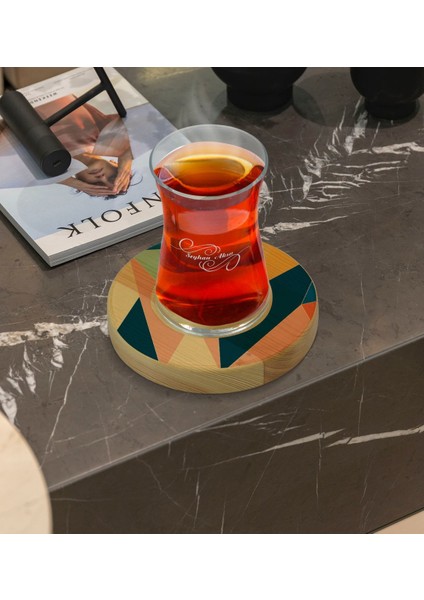Kişiye Özel Modern Art Tasarımlı Doğal Ahşap Tabaklı Heybeli Çay Bardağı Model 8