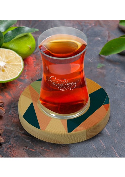 Kişiye Özel Modern Art Tasarımlı Doğal Ahşap Tabaklı Heybeli Çay Bardağı Model 8