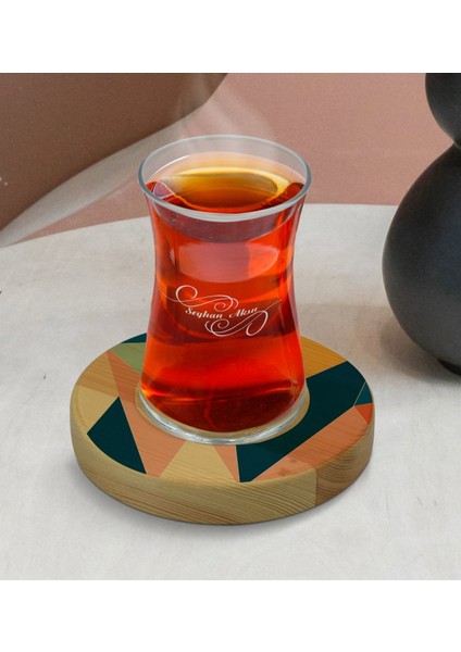 Kişiye Özel Modern Art Tasarımlı Doğal Ahşap Tabaklı Heybeli Çay Bardağı Model 8