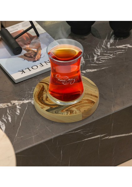 Kişiye Özel Mermer Tasarımlı Doğal Ahşap Tabaklı Heybeli Çay Bardağı Model 16