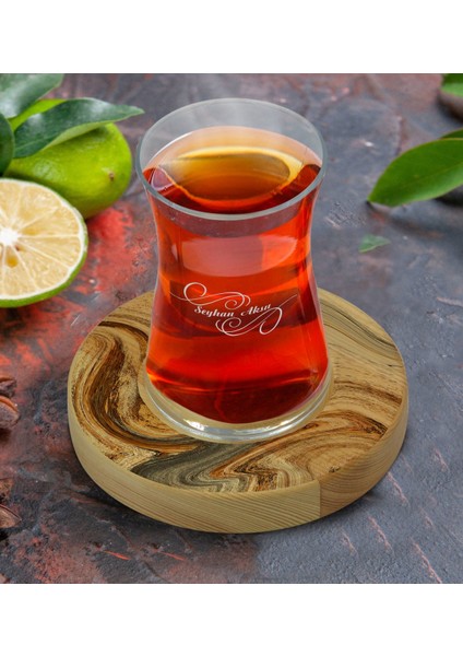 Kişiye Özel Mermer Tasarımlı Doğal Ahşap Tabaklı Heybeli Çay Bardağı Model 16 fiyatları
