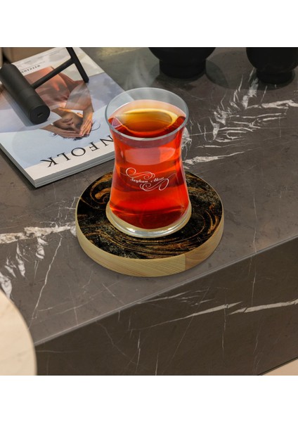 Kişiye Özel Mermer Tasarımlı Doğal Ahşap Tabaklı Heybeli Çay Bardağı Model 13