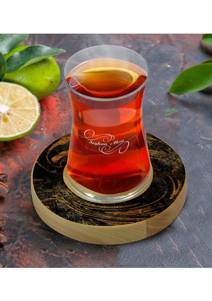 Kişiye Özel Mermer Tasarımlı Doğal Ahşap Tabaklı Heybeli Çay Bardağı Model 13
