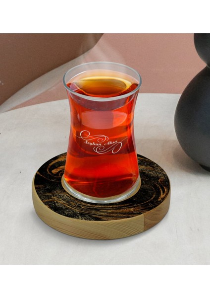 Kişiye Özel Mermer Tasarımlı Doğal Ahşap Tabaklı Heybeli Çay Bardağı Model 13