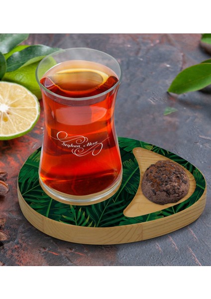 Kişiye Özel Yapraklar Tasarımlı Doğal Ahşap Tabaklı Heybeli Çay Bardağı Sunum Seti Model 10