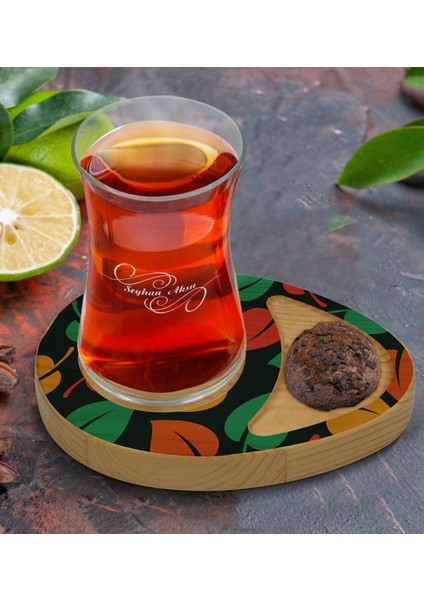 Kişiye Özel Yapraklar Tasarımlı Doğal Ahşap Tabaklı Heybeli Çay Bardağı Sunum Seti Model 7