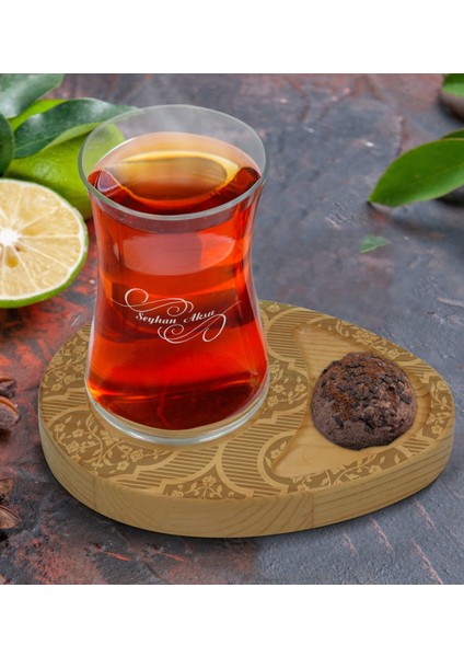 Kişiye Özel Retro Motif Tasarımlı Doğal Ahşap Tabaklı Heybeli Çay Bardağı Sunum Seti Model 14