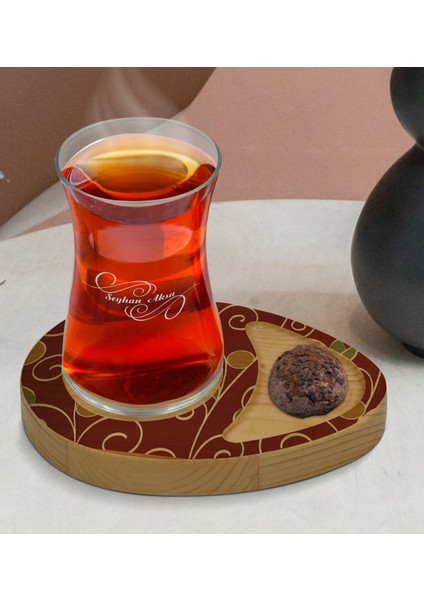 Kişiye Özel Retro Motif Tasarımlı Doğal Ahşap Tabaklı Heybeli Çay Bardağı Sunum Seti Model 1