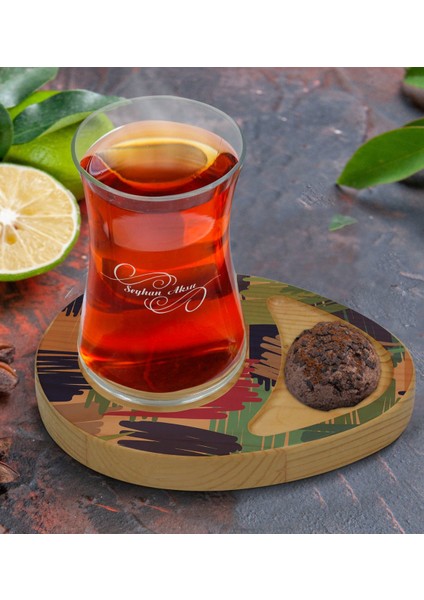 Kişiye Özel Modern Art Tasarımlı Doğal Ahşap Tabaklı Heybeli Çay Bardağı Sunum Seti Model 10