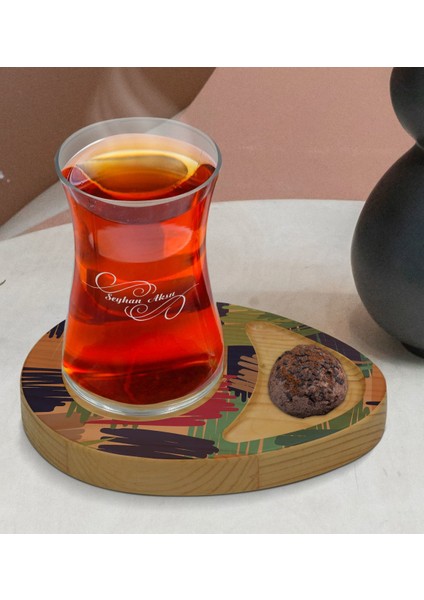 Kişiye Özel Modern Art Tasarımlı Doğal Ahşap Tabaklı Heybeli Çay Bardağı Sunum Seti Model 10