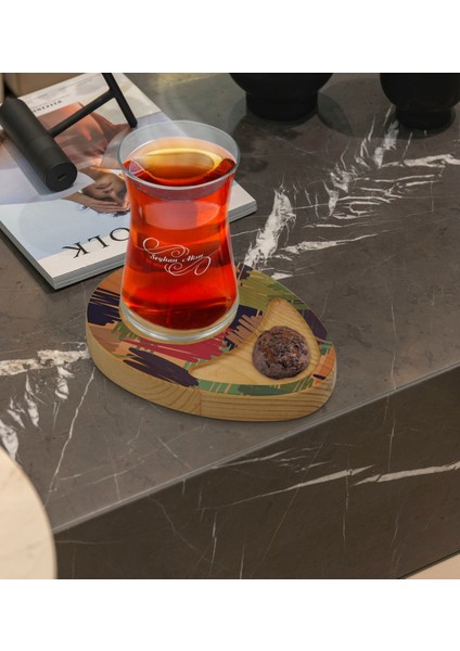 Kişiye Özel Modern Art Tasarımlı Doğal Ahşap Tabaklı Heybeli Çay Bardağı Sunum Seti Model 10