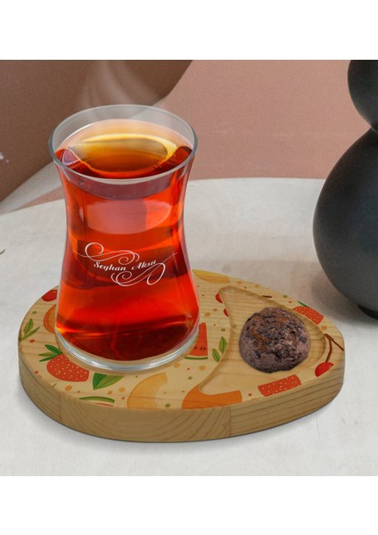 Kişiye Özel Modern Art Tasarımlı Doğal Ahşap Tabaklı Heybeli Çay Bardağı Sunum Seti Model 3