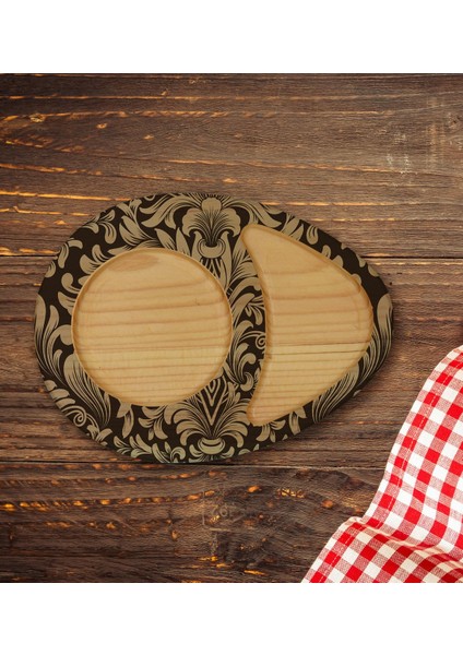 Kişiye Özel Retro Motif Tasarımlı Doğal Ahşap Tabaklı Heybeli Çay Bardağı Sunum Seti Model 6