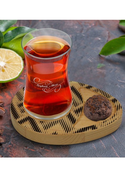 Kişiye Özel Modern Art Tasarımlı Doğal Ahşap Tabaklı Heybeli Çay Bardağı Sunum Seti Model 17