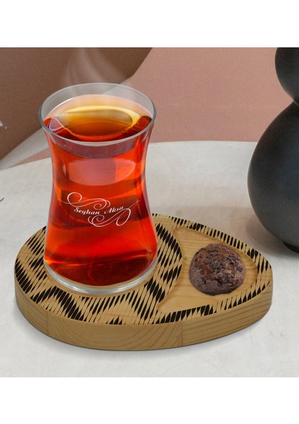 Kişiye Özel Modern Art Tasarımlı Doğal Ahşap Tabaklı Heybeli Çay Bardağı Sunum Seti Model 17