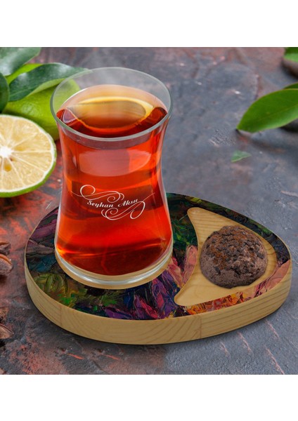 Kişiye Özel Modern Art Tasarımlı Doğal Ahşap Tabaklı Heybeli Çay Bardağı Sunum Seti Model 20