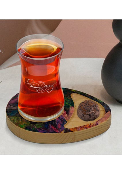 Kişiye Özel Modern Art Tasarımlı Doğal Ahşap Tabaklı Heybeli Çay Bardağı Sunum Seti Model 20 fiyatları