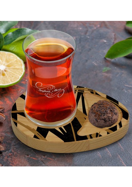 Kişiye Özel Modern Art Tasarımlı Doğal Ahşap Tabaklı Heybeli Çay Bardağı Sunum Seti Model 16