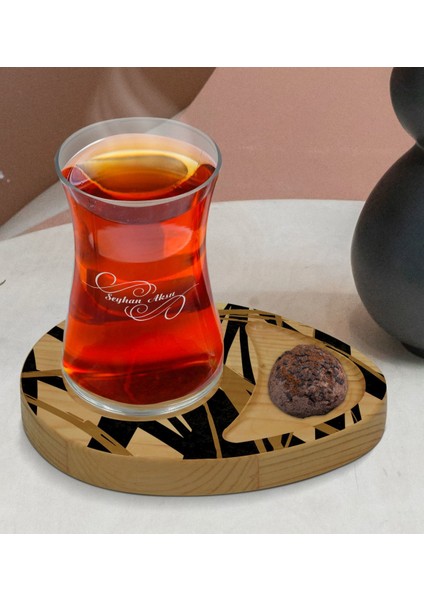 Kişiye Özel Modern Art Tasarımlı Doğal Ahşap Tabaklı Heybeli Çay Bardağı Sunum Seti Model 16