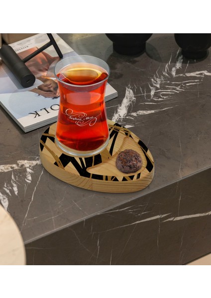 Kişiye Özel Modern Art Tasarımlı Doğal Ahşap Tabaklı Heybeli Çay Bardağı Sunum Seti Model 16