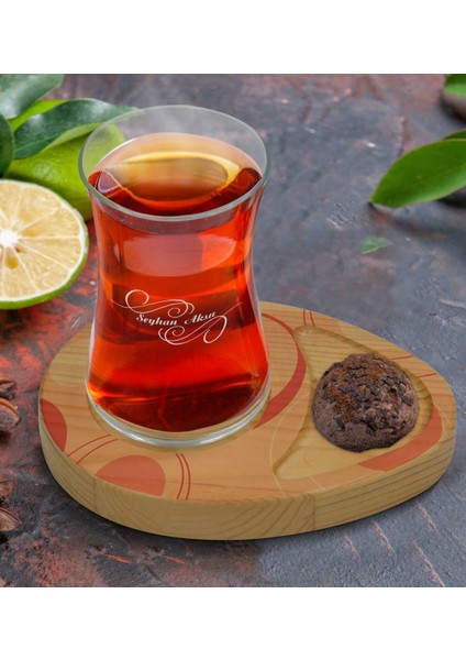 Kişiye Özel Modern Art Tasarımlı Doğal Ahşap Tabaklı Heybeli Çay Bardağı Sunum Seti Model 13