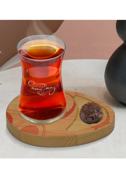 Kişiye Özel Modern Art Tasarımlı Doğal Ahşap Tabaklı Heybeli Çay Bardağı Sunum Seti Model 13