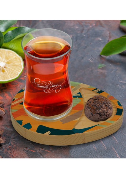 Kişiye Özel Modern Art Tasarımlı Doğal Ahşap Tabaklı Heybeli Çay Bardağı Sunum Seti Model 7