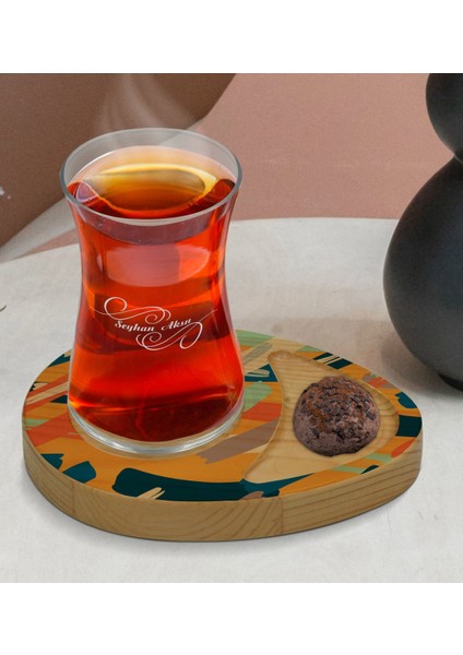 Kişiye Özel Modern Art Tasarımlı Doğal Ahşap Tabaklı Heybeli Çay Bardağı Sunum Seti Model 7