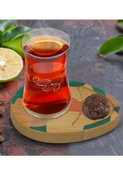 Kişiye Özel Modern Art Tasarımlı Doğal Ahşap Tabaklı Heybeli Çay Bardağı Sunum Seti Model 9