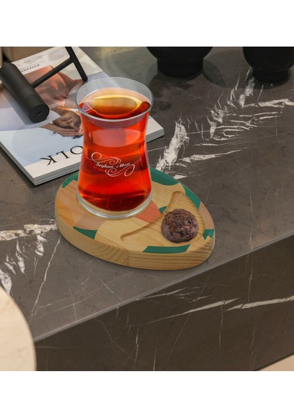 Kişiye Özel Modern Art Tasarımlı Doğal Ahşap Tabaklı Heybeli Çay Bardağı Sunum Seti Model 9 modelleri