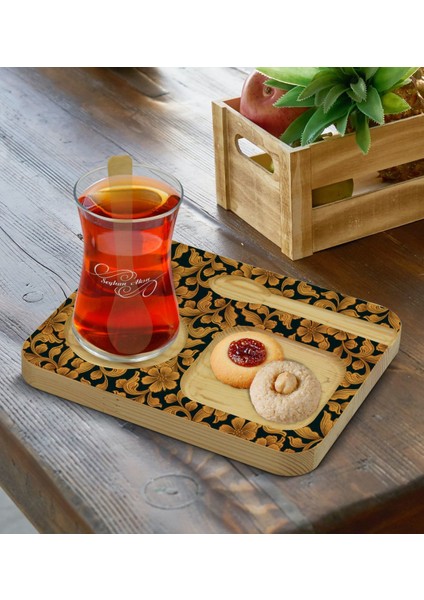 Kişiye Özel Doğal Ahşap Kaşıklı Sunum Tabağı ve Heybeli Çay Bardağı Hediye Seti - Model 15