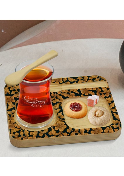 Kişiye Özel Doğal Ahşap Kaşıklı Sunum Tabağı ve Heybeli Çay Bardağı Hediye Seti - Model 15