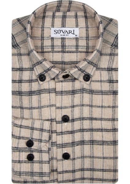 Slim Fit Desenli Flanel Bej Erkek Gömlek