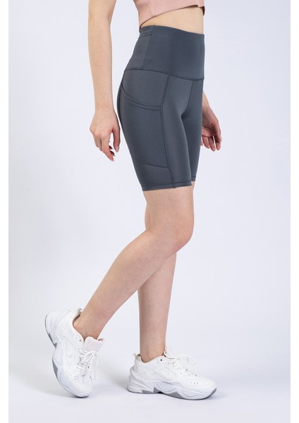 Partly Kadın Gri Cepli Yüksek Bel Toparlayıcı Yoga Şort Tayt 8"