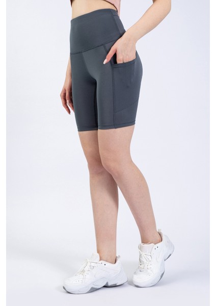 Partly Kadın Gri Cepli Yüksek Bel Toparlayıcı Yoga Şort Tayt 8" modelleri