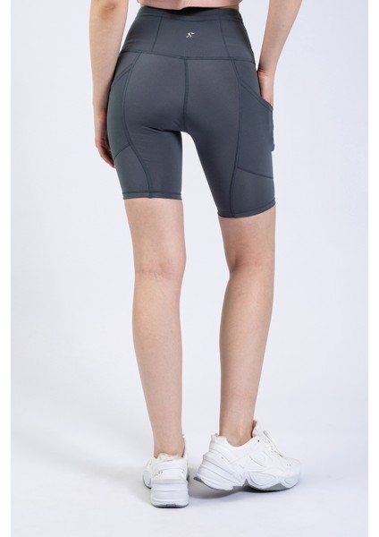 Partly Kadın Gri Cepli Yüksek Bel Toparlayıcı Yoga Şort Tayt 8" indirimleri