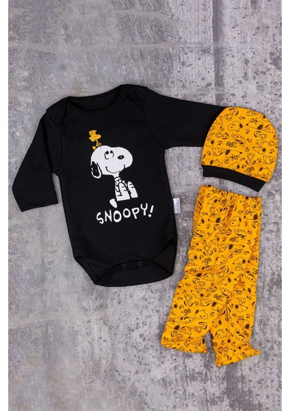 Snoppy Köpek Baskılı 3 Parça Badili Erkek Bebek Takım Güneş Sarısı
